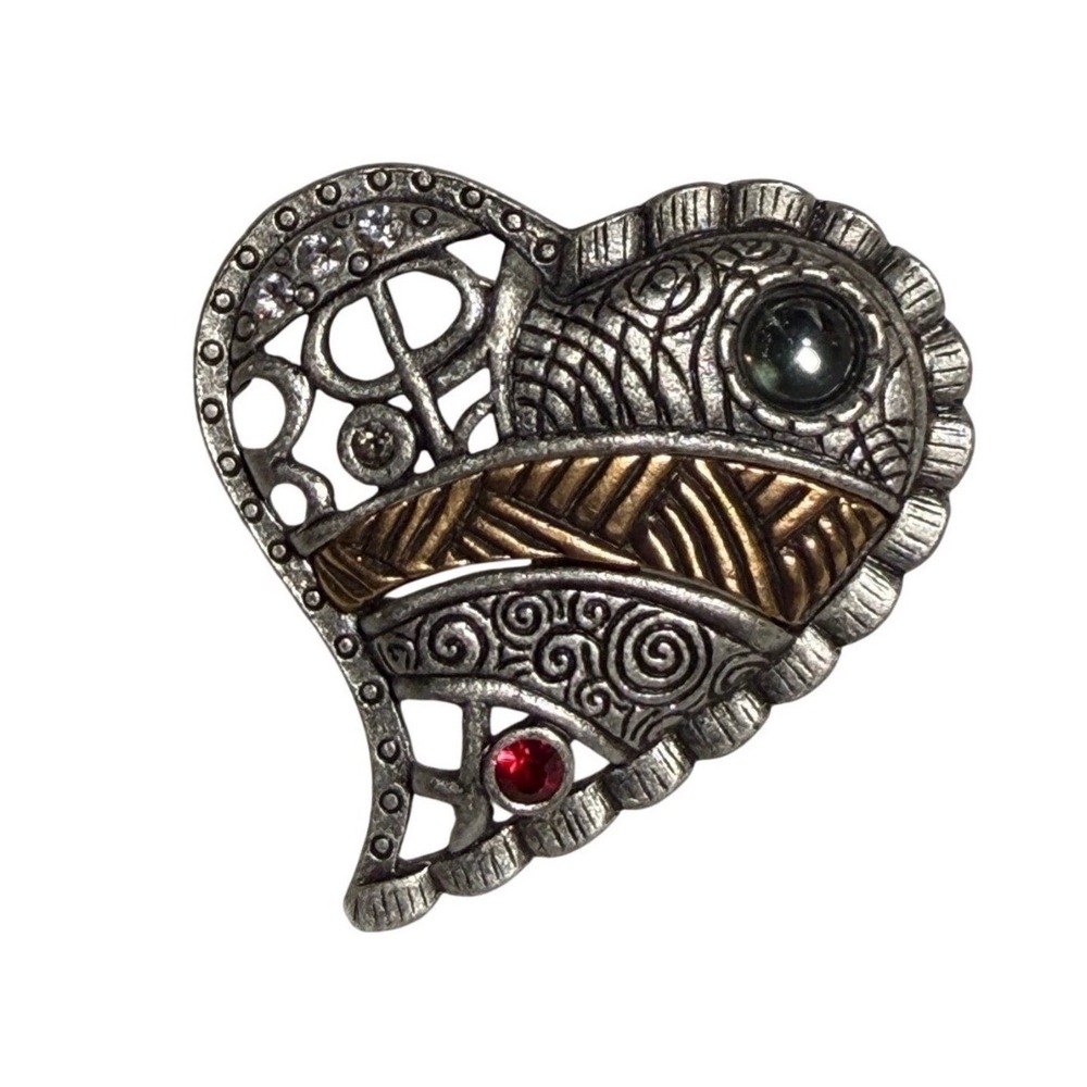 Chico's Pewter Heart Brooch Pin Textured Designer Statement unisex Brooch